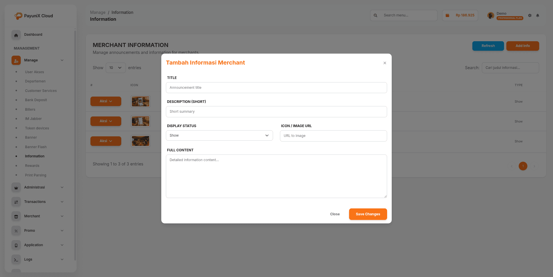 Form Tambah Informasi Merchant