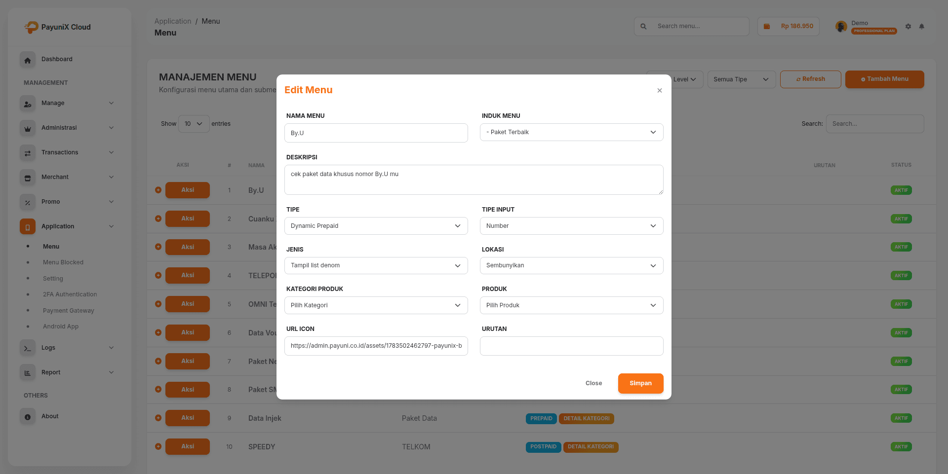 Contoh menu yang sudah diisi