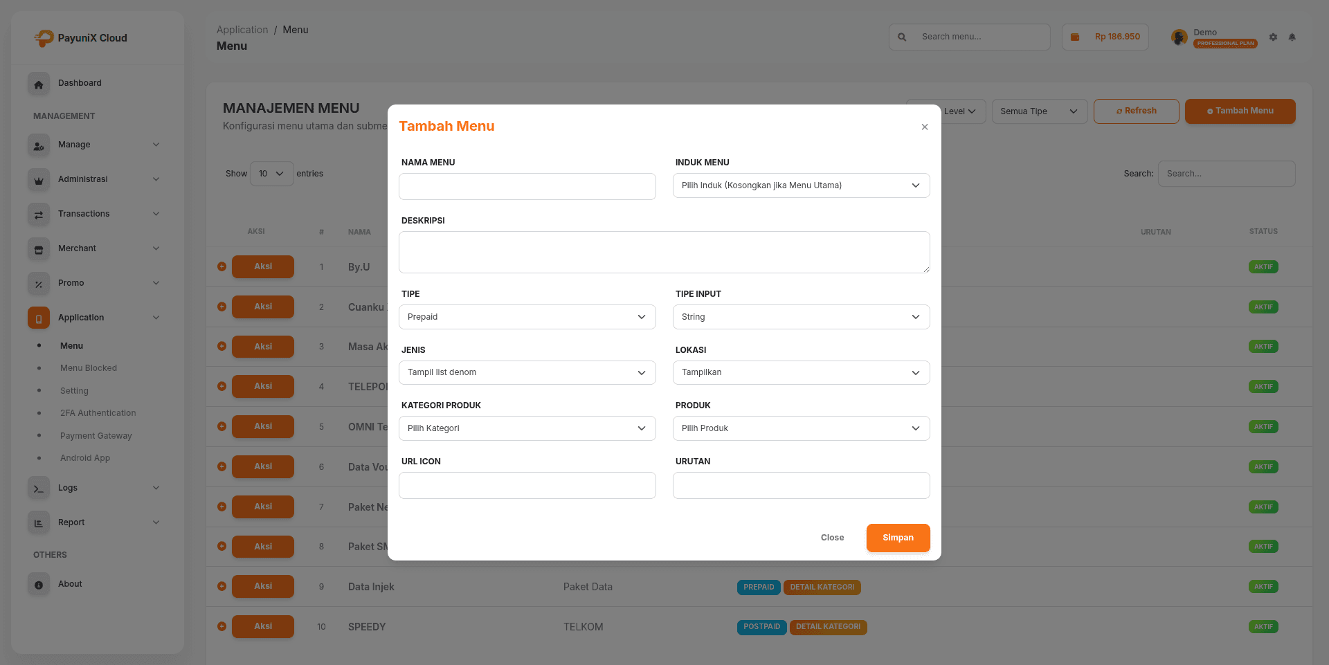 Form Tambah Menu