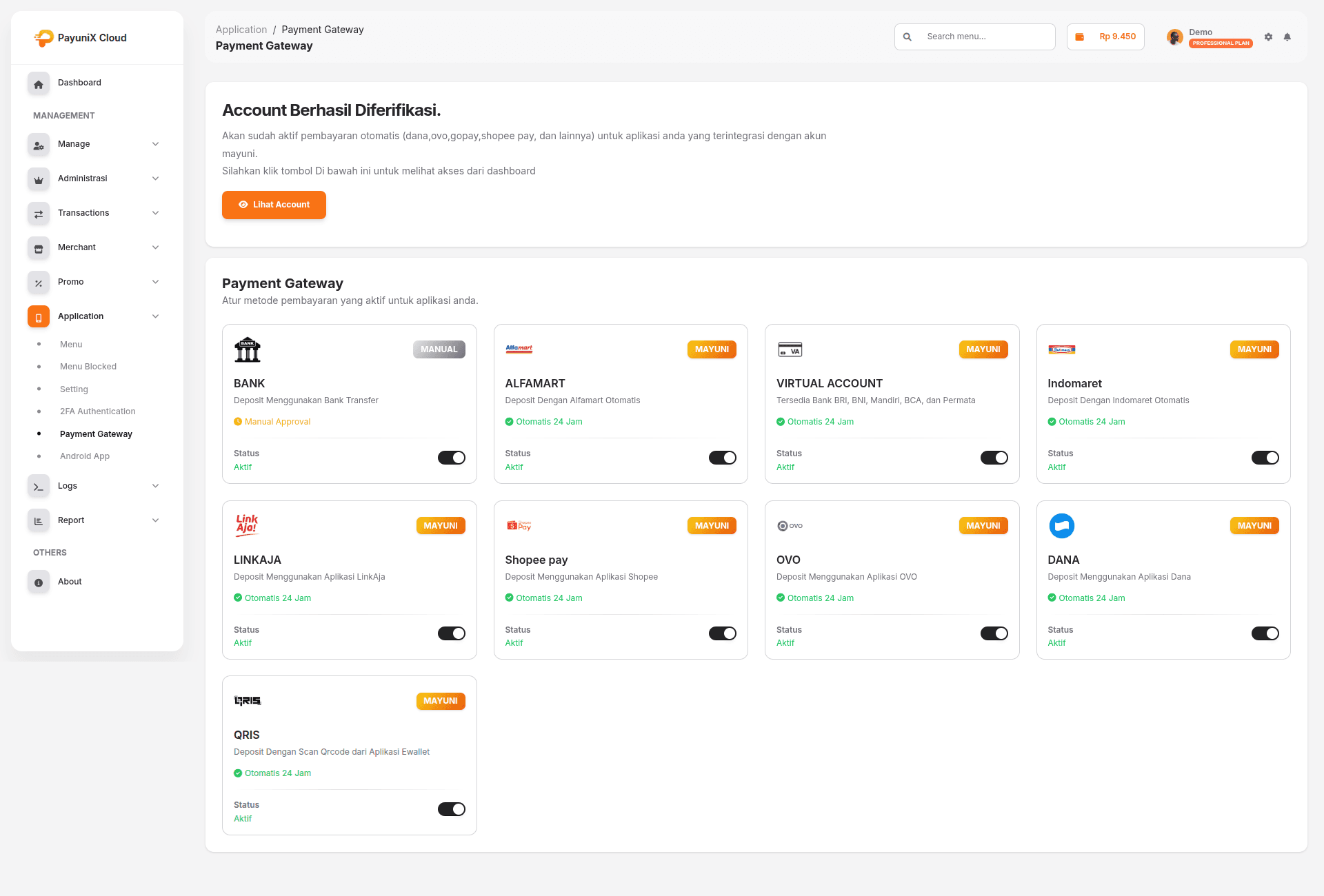 Halaman Payment Gateway setelah KYC diterima
