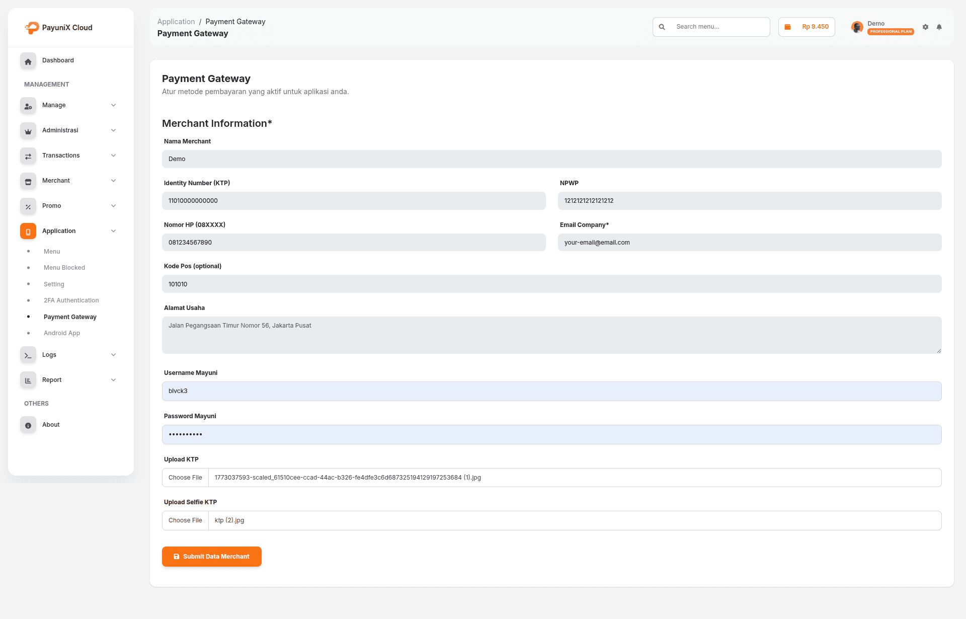 Halaman pengajuan KYC pada menu Payment Gateway
