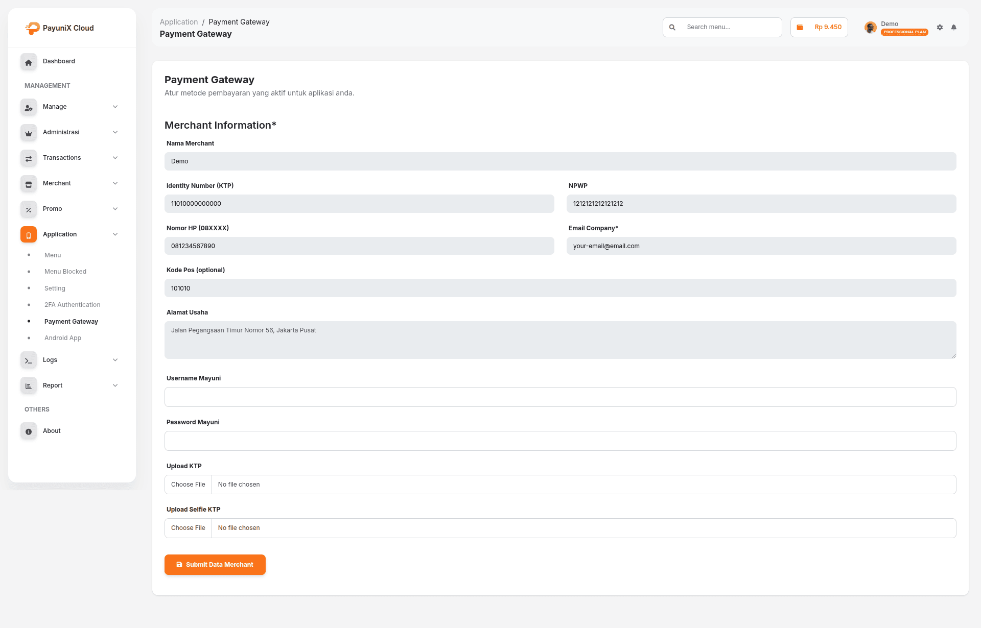 Halaman pengajuan KYC pada menu Payment Gateway